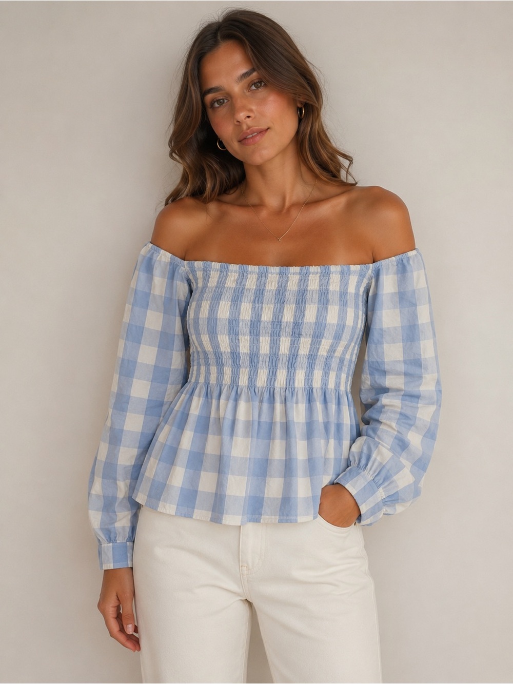 Walter Baker White Gingham plaid Smocked Off-Shoulder Blouse size small
